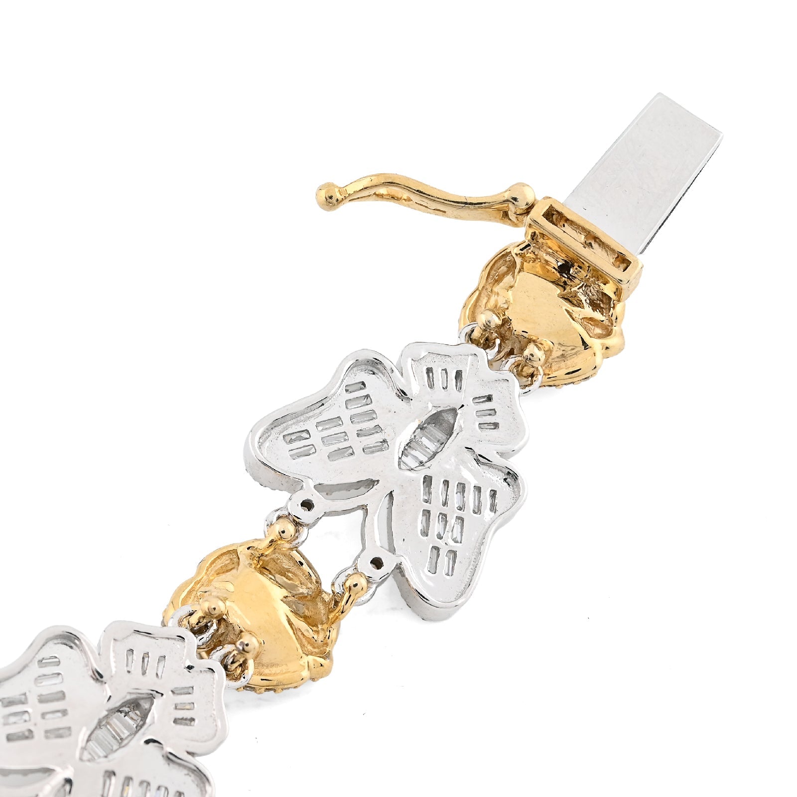 10K Yellow/White Gold Natural Diamond Baguette/Round Butterfly & Flower Link Women Bracelet - Elite Jewelers - Bracelets
