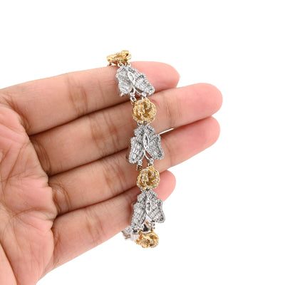 10K Yellow/White Gold Natural Diamond Baguette/Round Butterfly & Flower Link Women Bracelet - Elite Jewelers - Bracelets