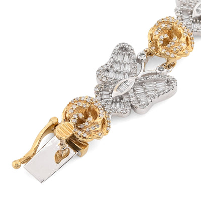 10K Yellow/White Gold Natural Diamond Baguette/Round Butterfly & Flower Link Women Bracelet - Elite Jewelers - Bracelets