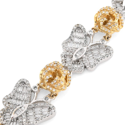10K Yellow/White Gold Natural Diamond Baguette/Round Butterfly & Flower Link Women Bracelet - Elite Jewelers - Bracelets