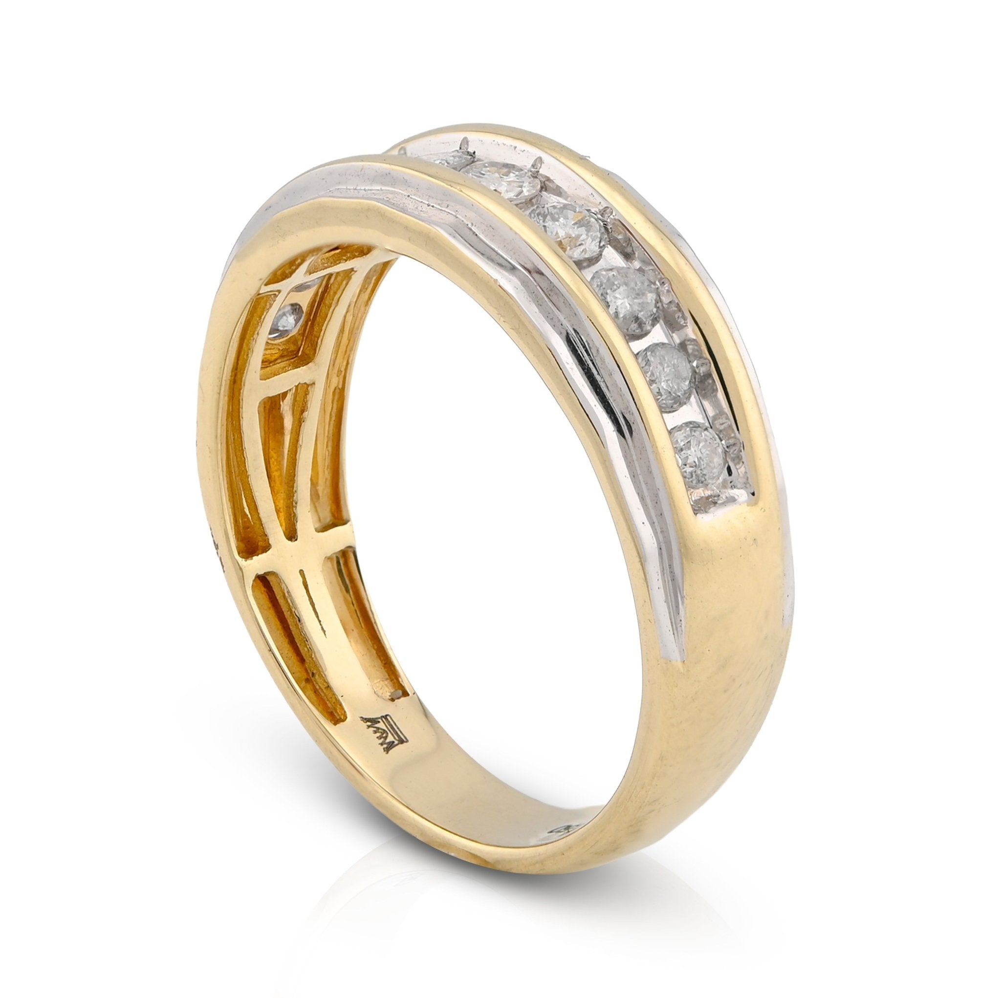 10K Yellow/White Gold Centre Row 0.50CT Natural Diamond Men 2 Tone Band - Elite Jewelers - Rings
