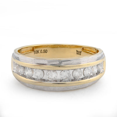 10K Yellow/White Gold Centre Row 0.50CT Natural Diamond Men 2 Tone Band - Elite Jewelers - Rings