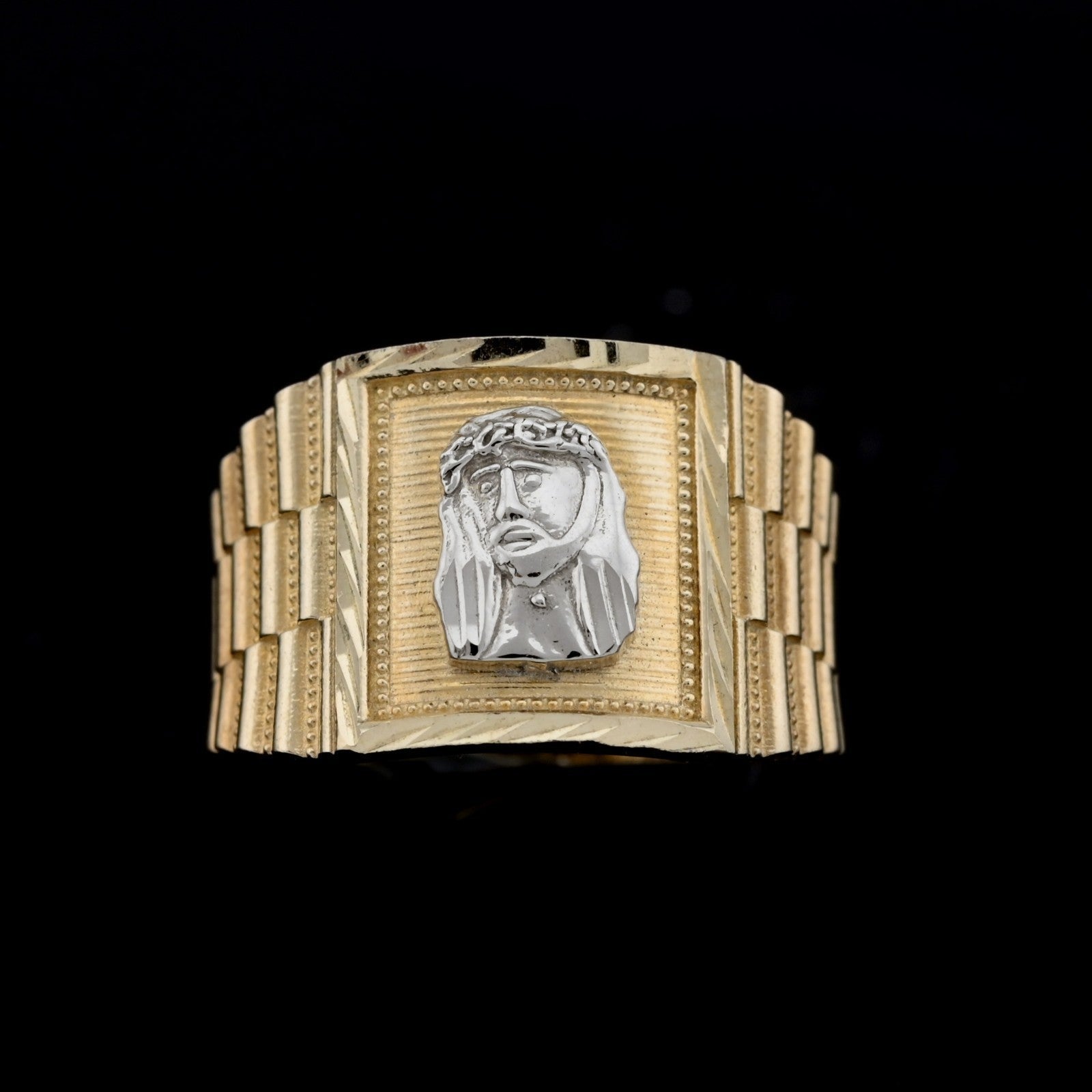 10kt Yellow Gold Jesus Head Square Ring Men Religious Two Tone Ring 4.5g - Elite Jewelers - Rings