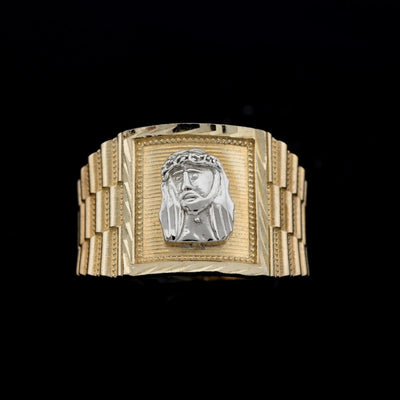 10kt Yellow Gold Jesus Head Square Ring Men Religious Two Tone Ring 4.5g - Elite Jewelers - Rings