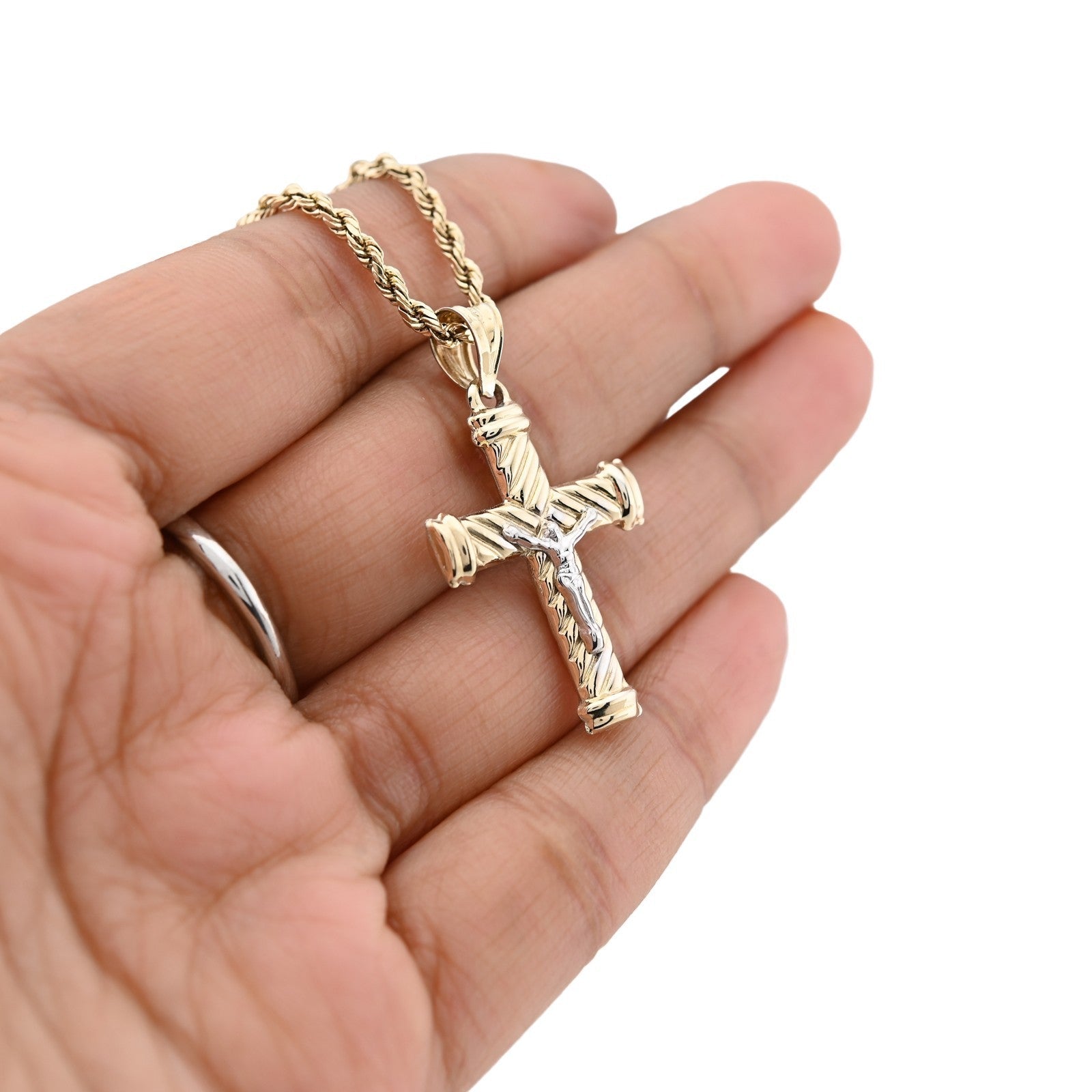 1/10th 10k Gold Bonded 925 2Tone Textured Tube Cross Crucifix Pendant 1.3g Charm - Elite Jewelers - Charms & Pendants