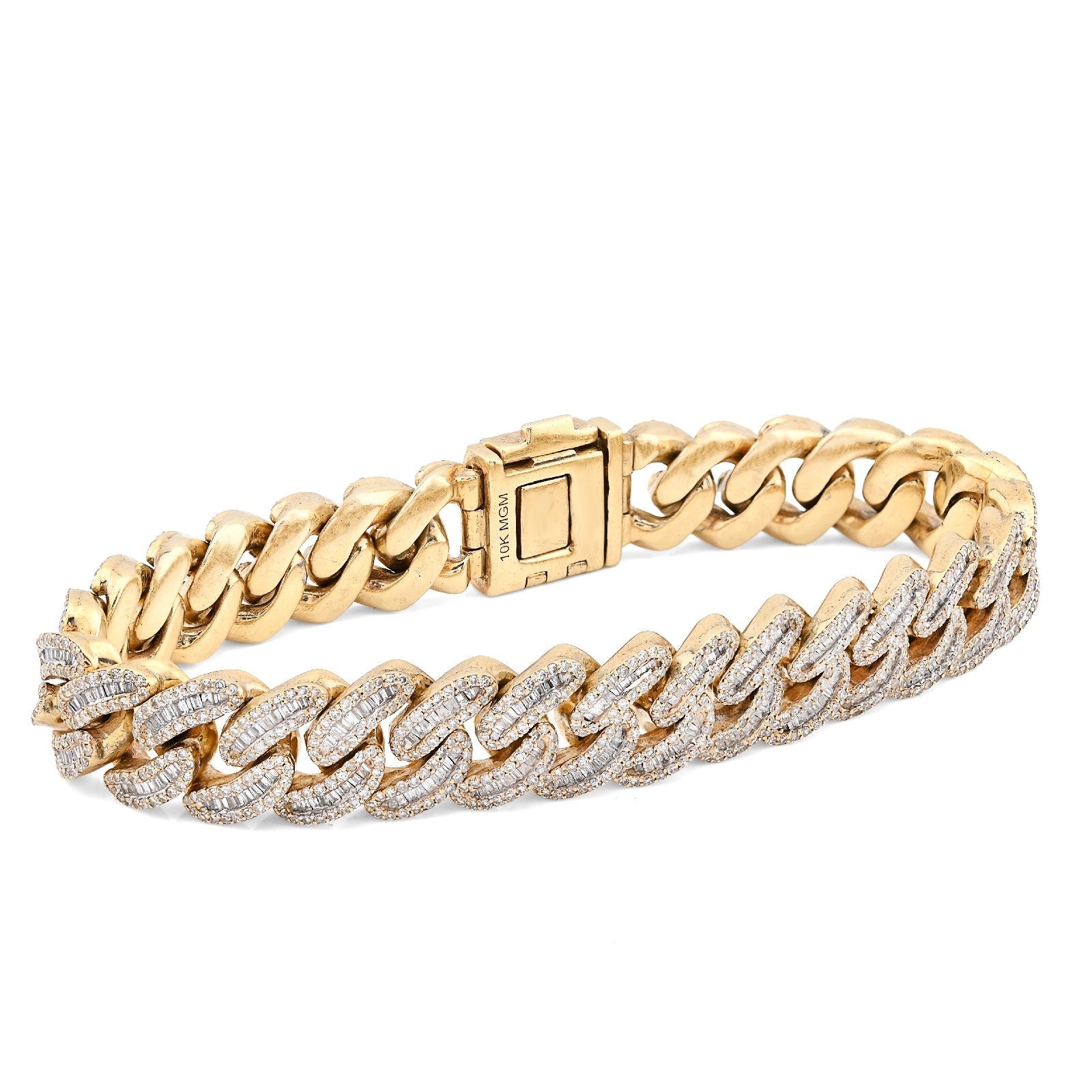 11.5MM 10k Yellow Gold 70.2gm 8CTW Natural Round/Baguette Cuban Diamond Bracelet - Elite Jewelers - Bracelets