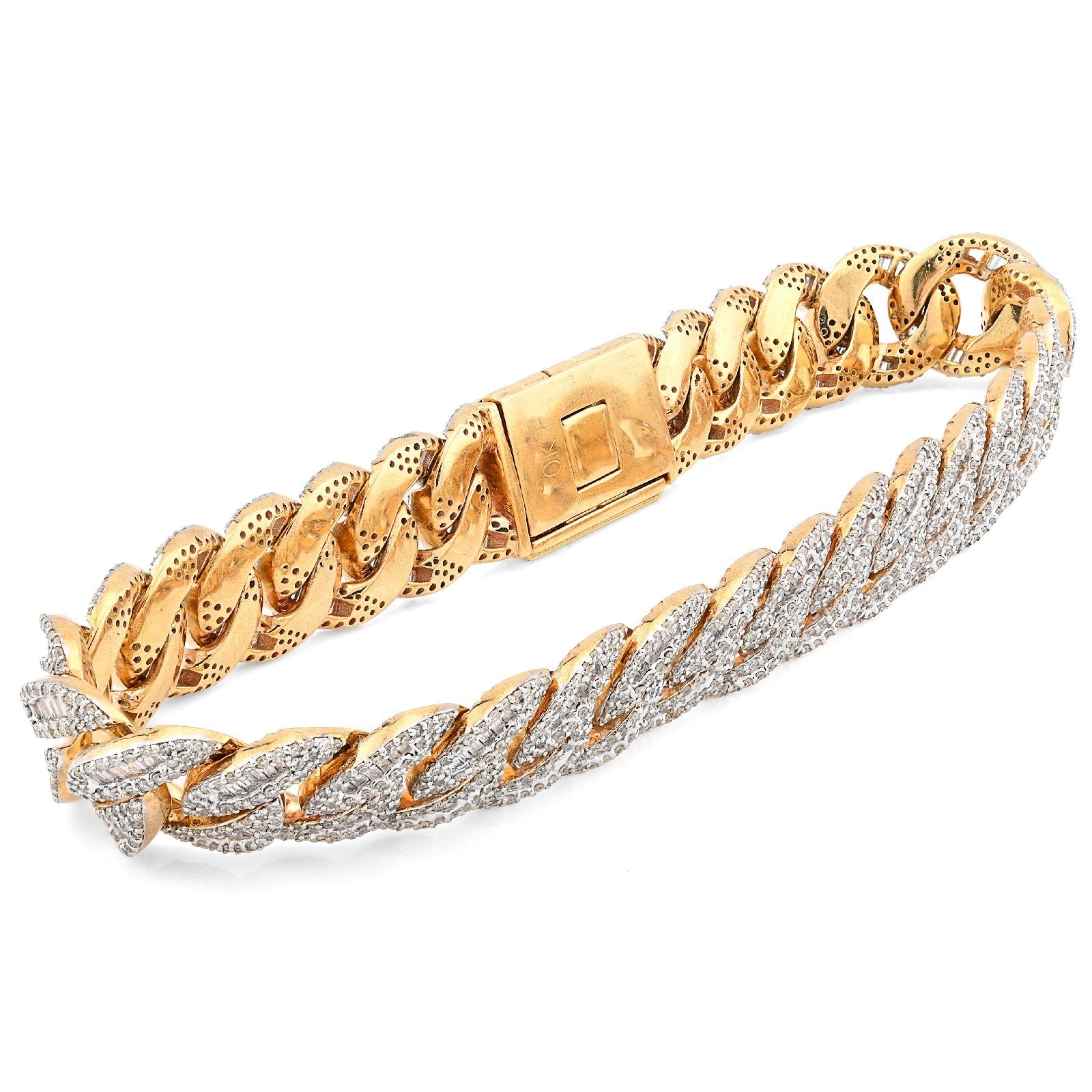 12MM 10k Yellow Gold 40.3gm 6.8CTW Natural Round/Baguette Diamond Cuban Bracelet - Elite Jewelers - Bracelets
