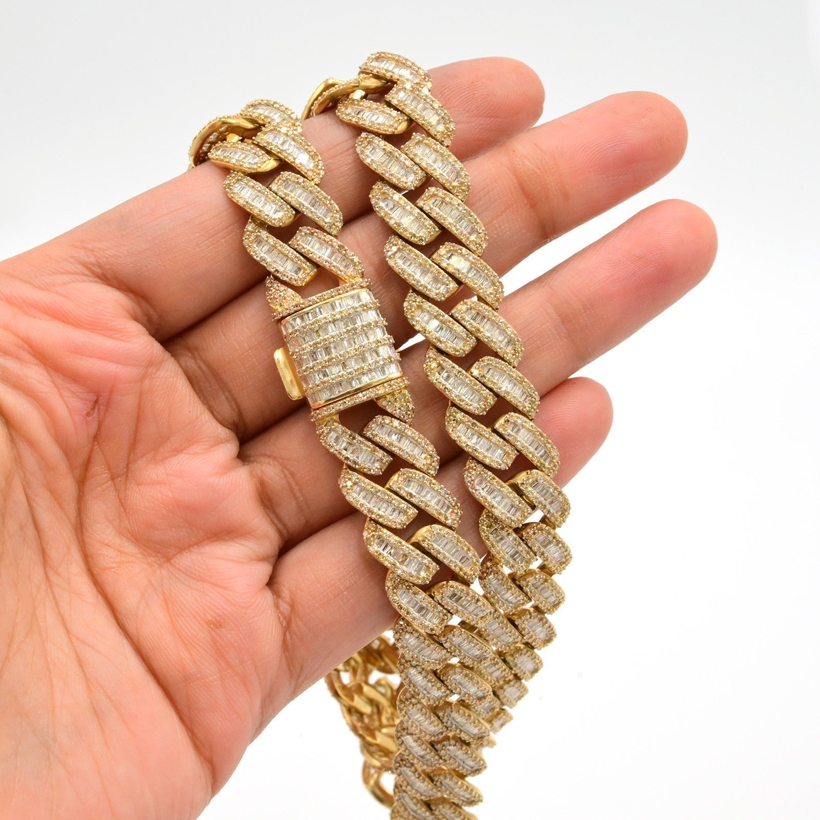 13MM 10k Yellow Gold 21 Inch 24CTW Round/Baguette Diamond Cuban Chain 74.4gms - Elite Jewelers - Necklaces & Chains