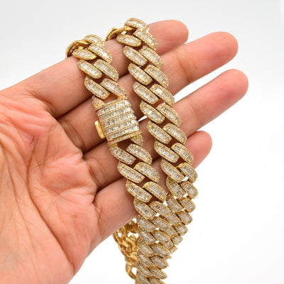 13MM 10k Yellow Gold 21 Inch 24CTW Round/Baguette Diamond Cuban Chain 74.4gms - Elite Jewelers - Necklaces & Chains