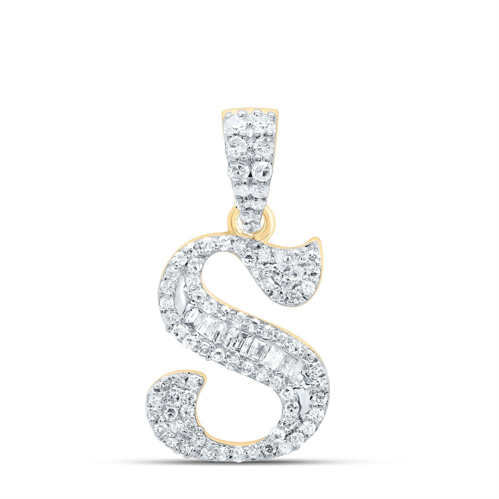 1/4CTW Natural Baguette Diamond 10k Yellow Gold Initial "S" Charm 1.62g Pendant - Elite Jewelers - Charms & Pendants