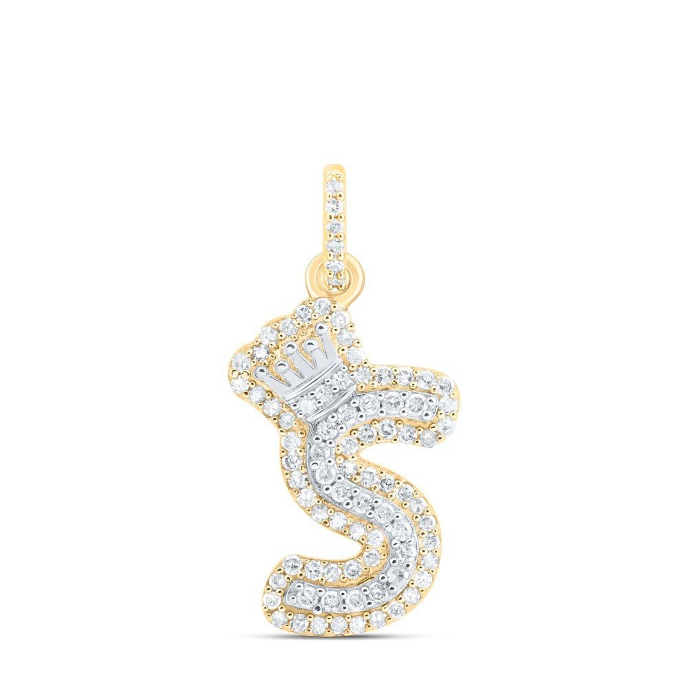 1/4CTW Natural Diamond 10k Yellow & White Gold Initial "S" Charm Crown Pendant - Elite Jewelers - Charms & Pendants