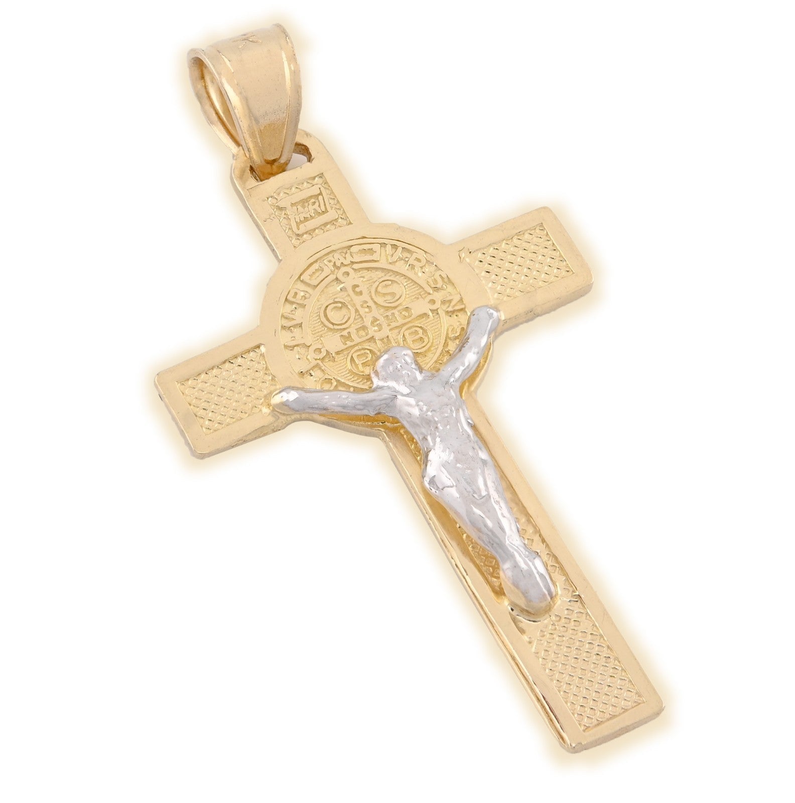 14k Gold 1.8gm St. Benedict San Benito Jesus Cross Crucifix Pendant 2 - Tone Charm - Elite Jewelers - Charms & Pendants