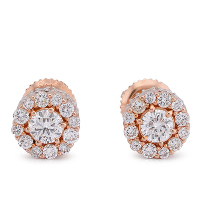 14K Rose Gold 1.14CT Flower Cluster Round Centre Solitaire Lab Diamond Men Women Earring - Elite Jewelers-Earrings