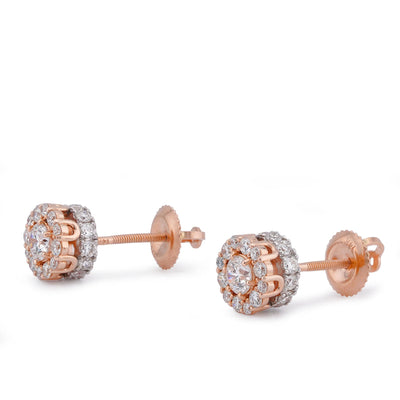 14K Rose Gold 1.14CT Flower Cluster Round Centre Solitaire Lab Diamond Men Women Earring - Elite Jewelers-Earrings