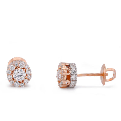14K Rose Gold 1.14CT Flower Cluster Round Centre Solitaire Lab Diamond Men Women Earring - Elite Jewelers-Earrings