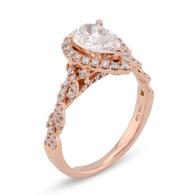 14K Rose Gold 1.48CT Pear Shape Solitaire Halo Round Lab Diamond Band Women Ring - Elite Jewelers - Rings