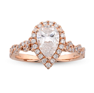 14K Rose Gold 1.48CT Pear Shape Solitaire Halo Round Lab Diamond Band Women Ring - Elite Jewelers - Rings