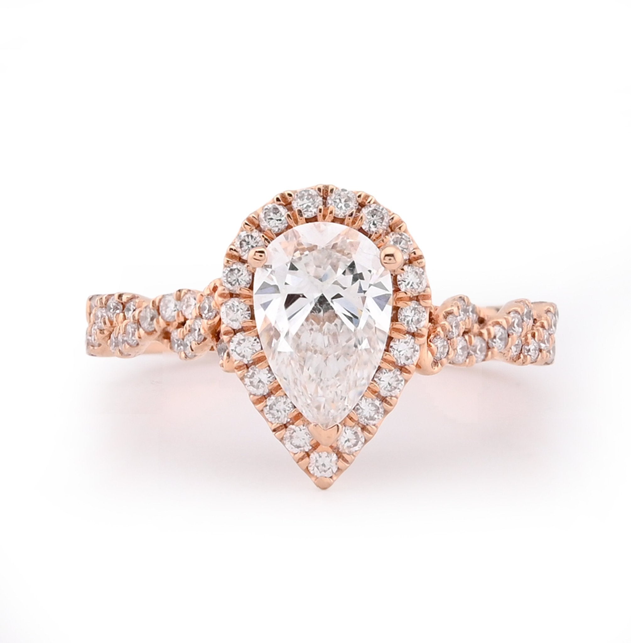 14K Rose Gold 1.48CT Pear Shape Solitaire Halo Round Lab Diamond Band Women Ring - Elite Jewelers - Rings