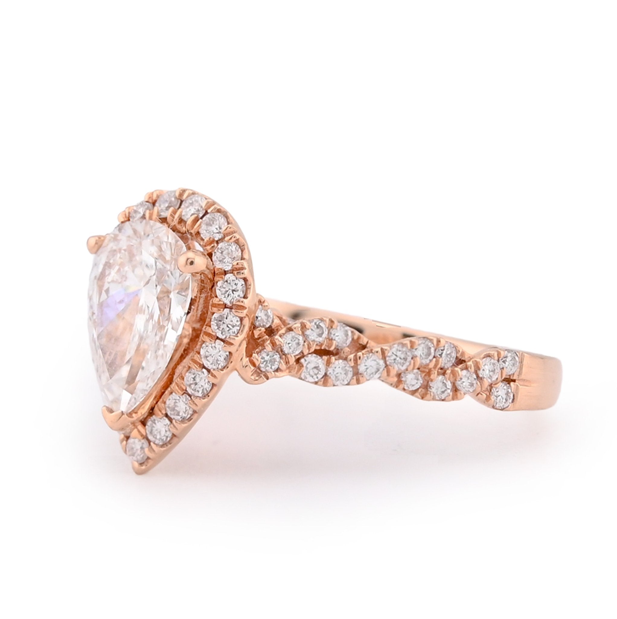 14K Rose Gold 1.48CT Pear Shape Solitaire Halo Round Lab Diamond Band Women Ring - Elite Jewelers - Rings