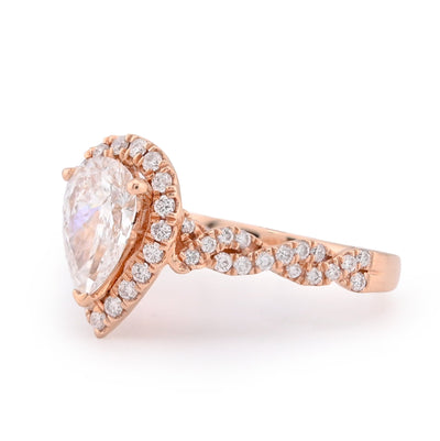 14K Rose Gold 1.48CT Pear Shape Solitaire Halo Round Lab Diamond Band Women Ring - Elite Jewelers - Rings