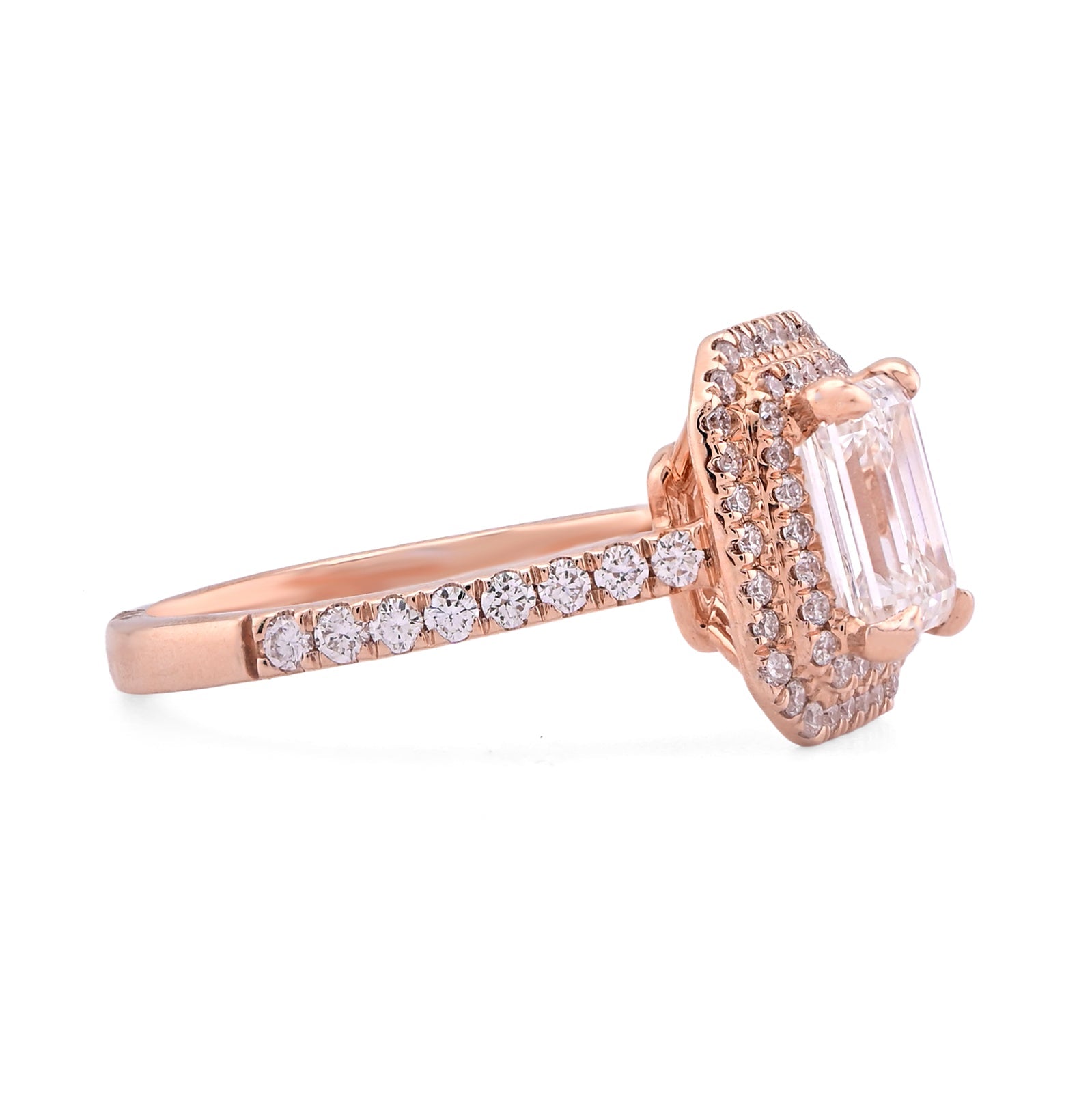 14K Rose Gold 1.5CT Emerald Centre Solitaire Two Layer Octagon Lab Diamond 2TC Women Ring - Elite Jewelers - Rings