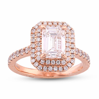 14K Rose Gold 1.5CT Emerald Centre Solitaire Two Layer Octagon Lab Diamond 2TC Women Ring - Elite Jewelers - Rings