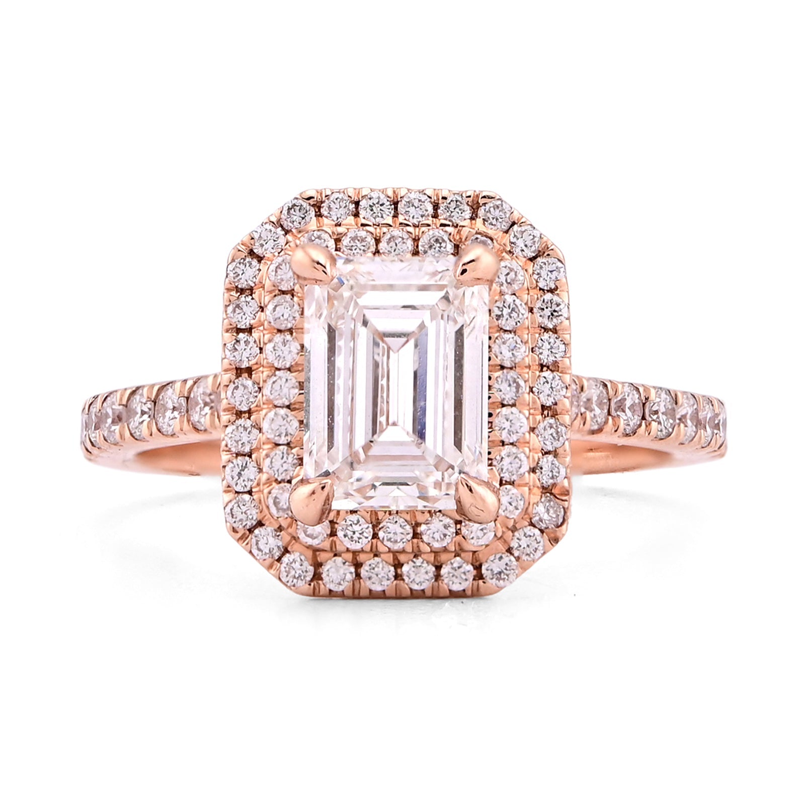 14K Rose Gold 1.5CT Emerald Centre Solitaire Two Layer Octagon Lab Diamond 2TC Women Ring - Elite Jewelers - Rings