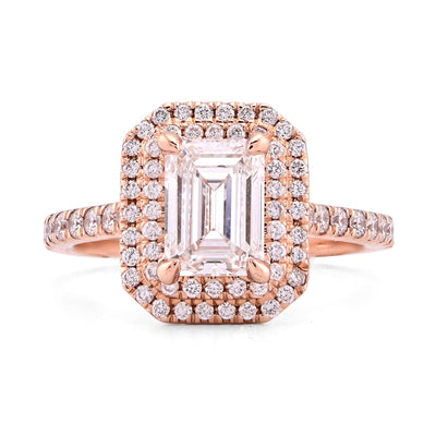 14K Rose Gold 1.5CT Emerald Centre Solitaire Two Layer Octagon Lab Diamond 2TC Women Ring - Elite Jewelers - Rings