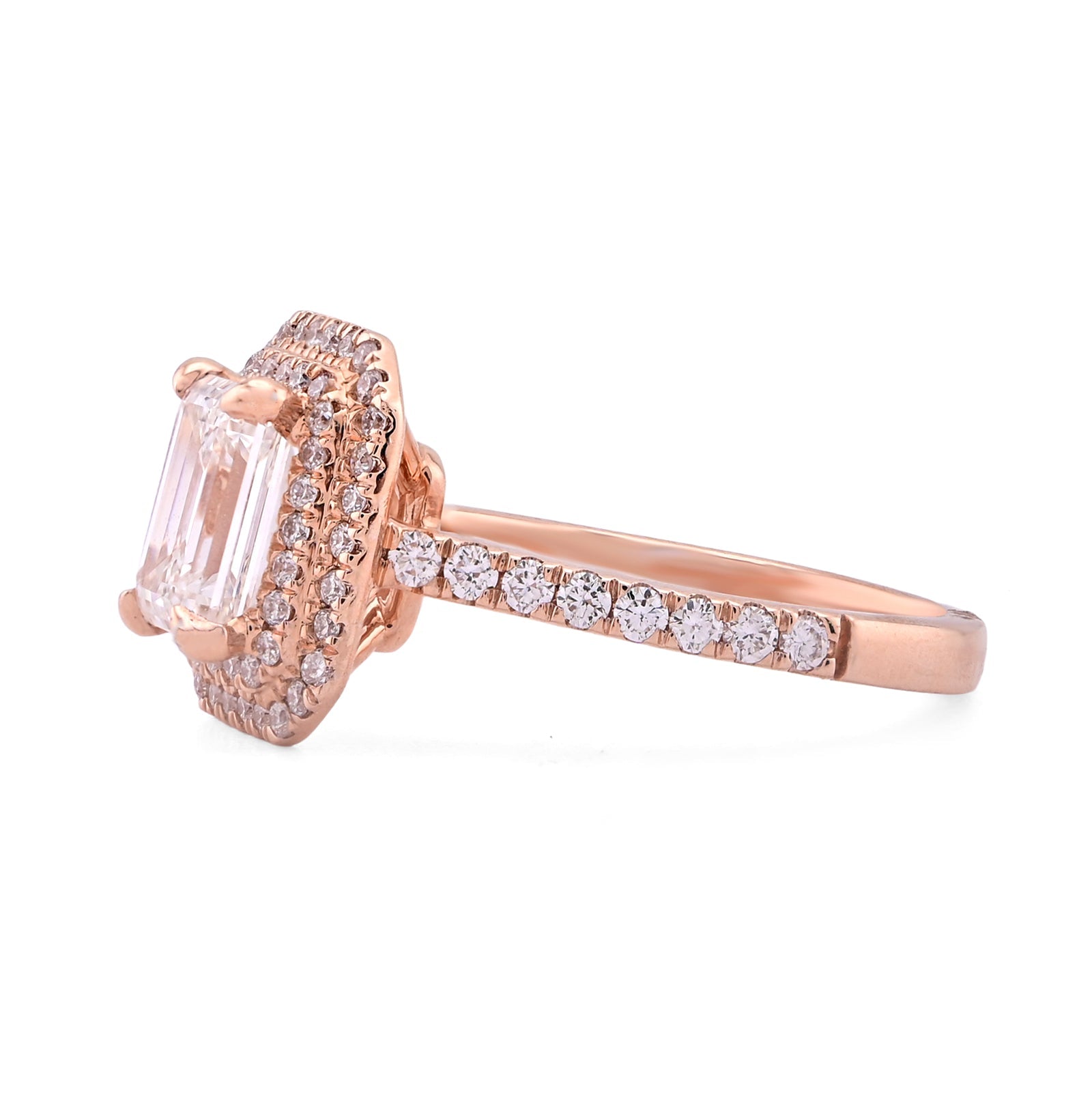 14K Rose Gold 1.5CT Emerald Centre Solitaire Two Layer Octagon Lab Diamond 2TC Women Ring - Elite Jewelers - Rings