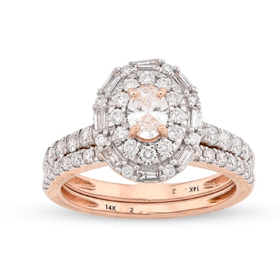 14K Rose Gold Oval Solitare & Baguette 1.25CT Natural Diamond Bridal WOmen RIng - Elite Jewelers - Rings