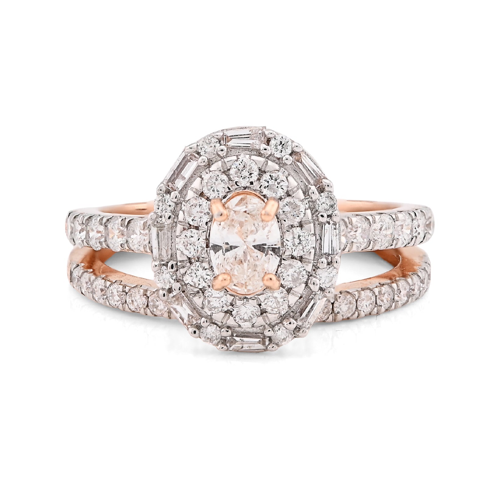 14K Rose Gold Oval Solitare & Baguette 1.25CT Natural Diamond Bridal WOmen RIng - Elite Jewelers - Rings