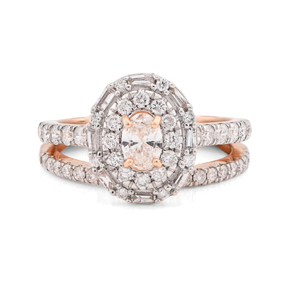 14K Rose Gold Oval Solitare & Baguette 1.25CT Natural Diamond Bridal WOmen RIng - Elite Jewelers - Rings