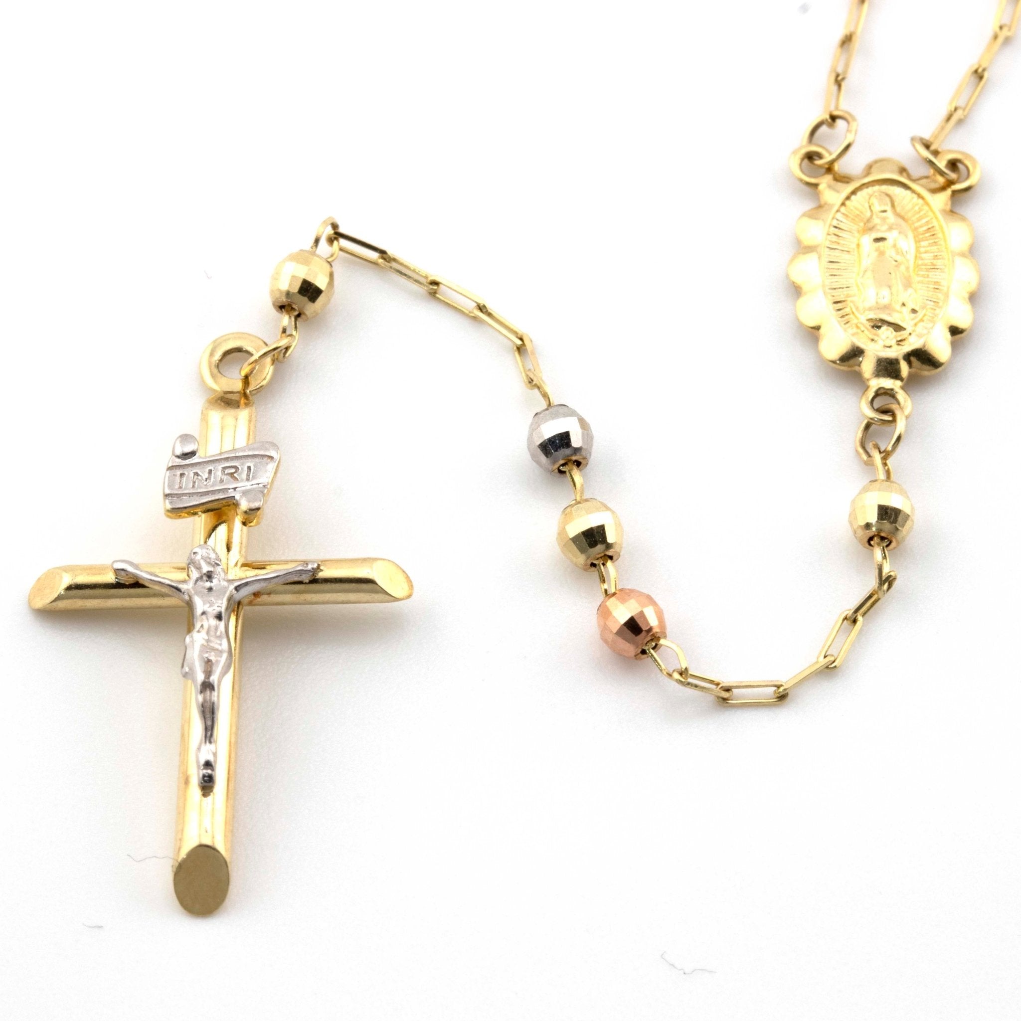 14K Tri Color Gold Beaded Rosary 26" 7.3gm 3mm - Elite Jewelers - Necklaces & Chains