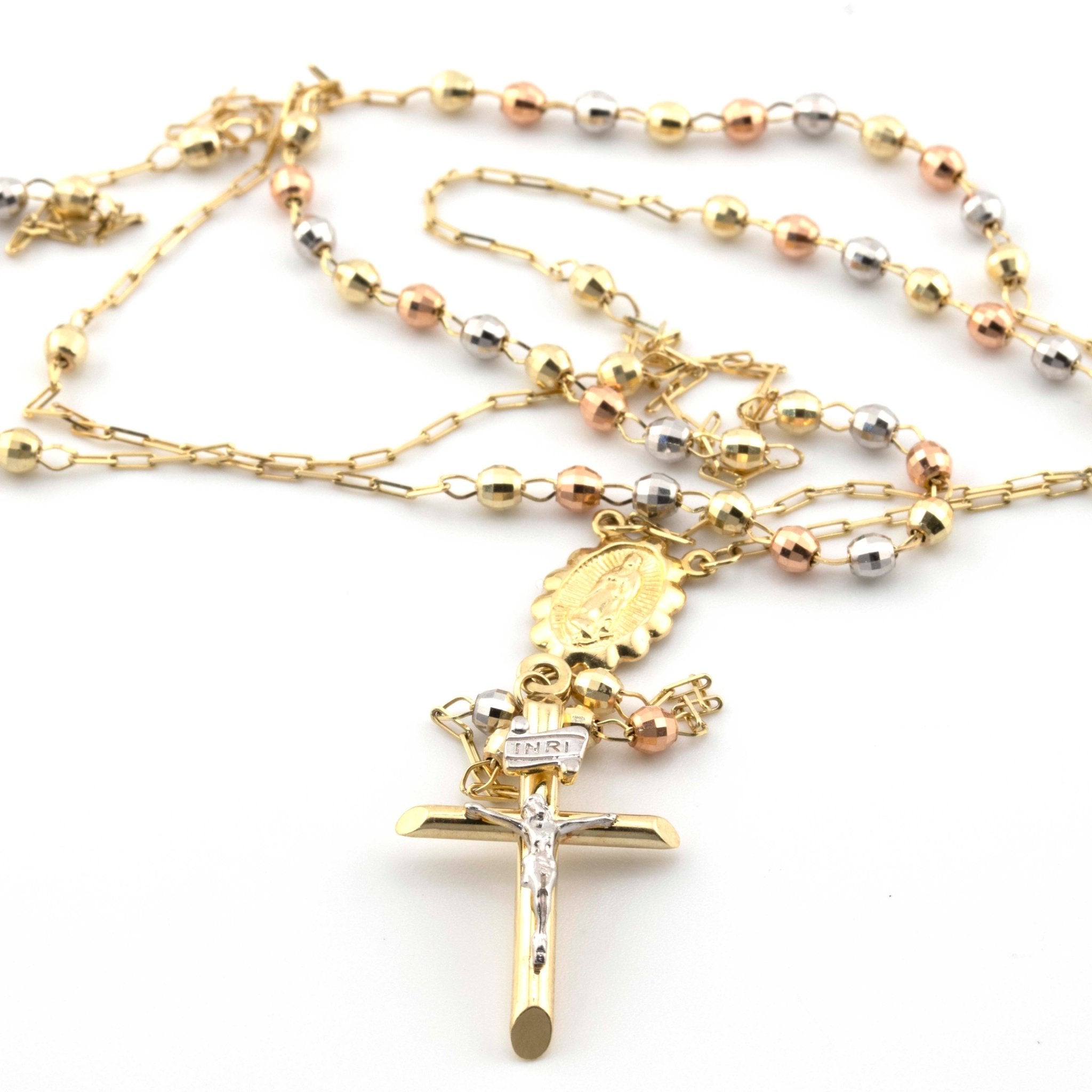 14K Tri Color Gold Beaded Rosary 26" 7.3gm 3mm - Elite Jewelers - Necklaces & Chains