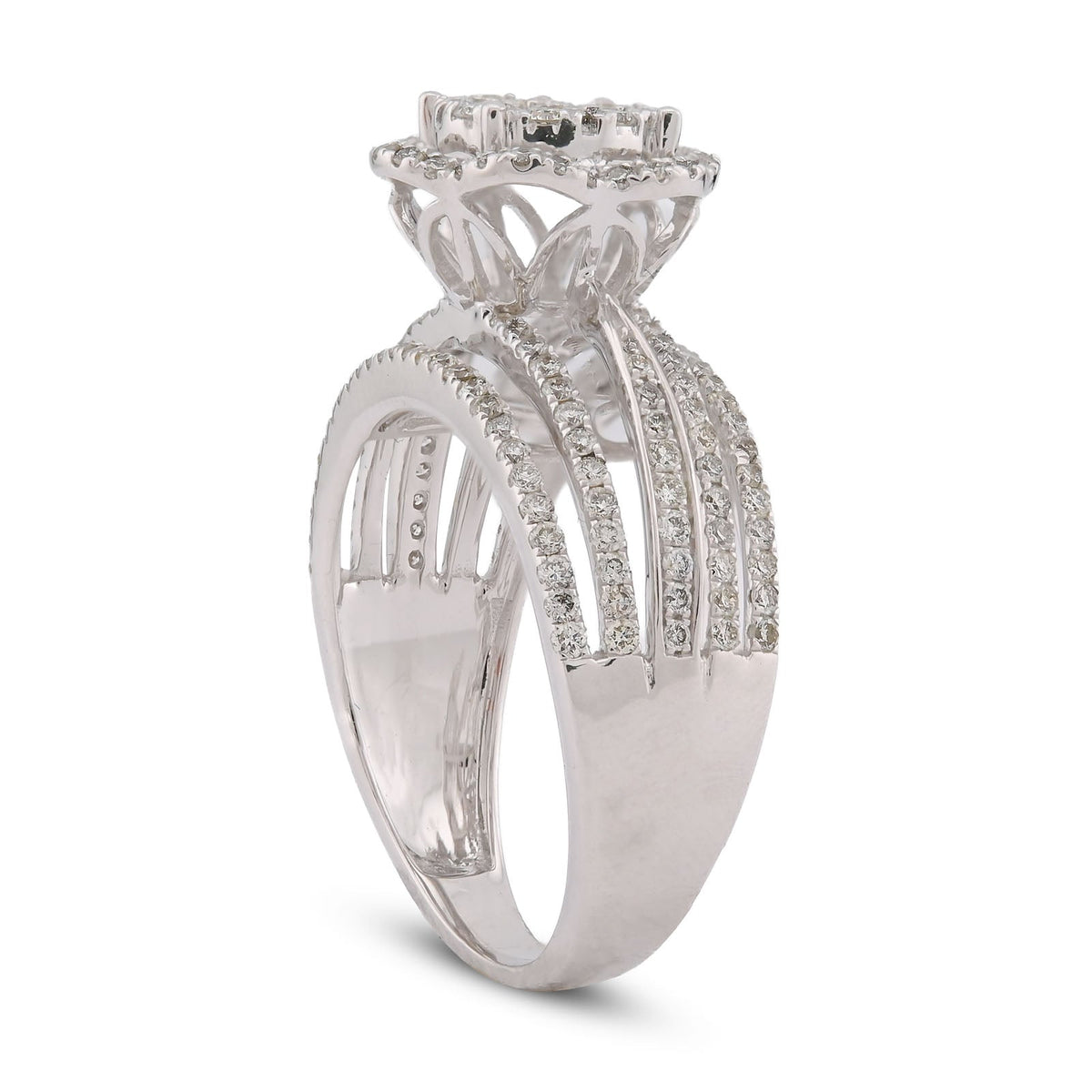 14K White Gold 0.99CT Flower Shape Multi Row Band Natural Diamond Women Ring - Elite Jewelers-Rings