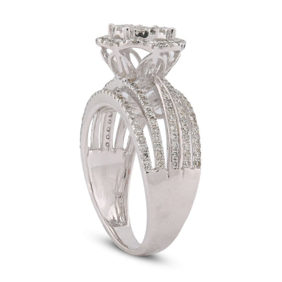 14K White Gold 0.99CT Flower Shape Multi Row Band Natural Diamond Women Ring - Elite Jewelers-Rings