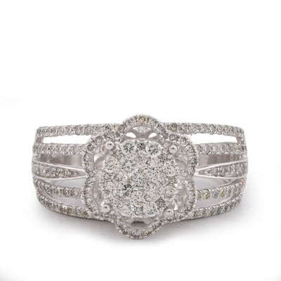 14K White Gold 0.99CT Flower Shape Multi Row Band Natural Diamond Women Ring - Elite Jewelers-Rings