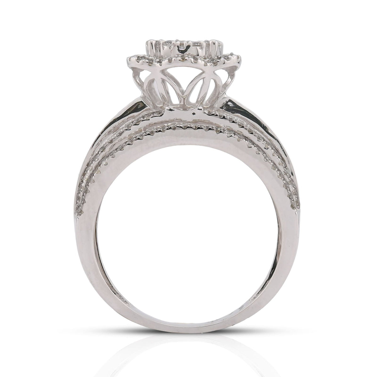 14K White Gold 0.99CT Flower Shape Multi Row Band Natural Diamond Women Ring - Elite Jewelers-Rings