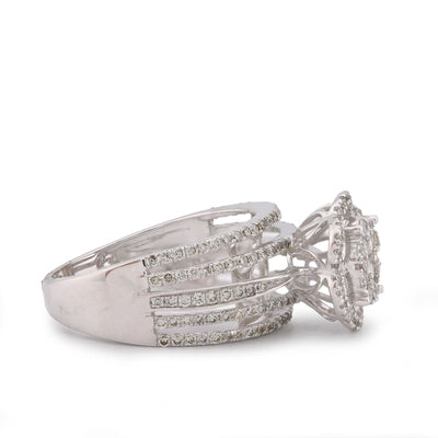 14K White Gold 0.99CT Flower Shape Multi Row Band Natural Diamond Women Ring - Elite Jewelers-Rings