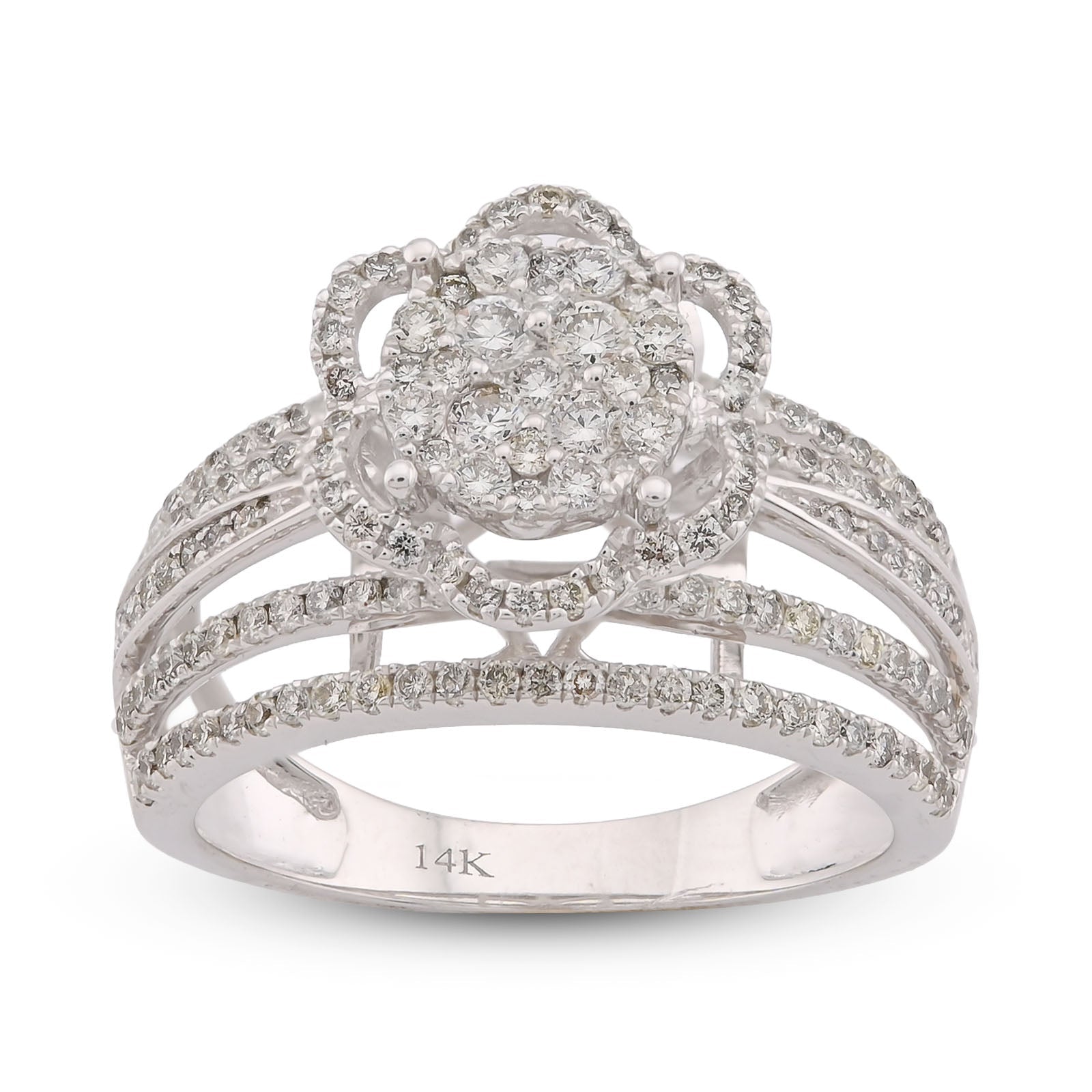 14K White Gold 0.99CT Flower Shape Multi Row Band Natural Diamond Women Ring - Elite Jewelers-Rings