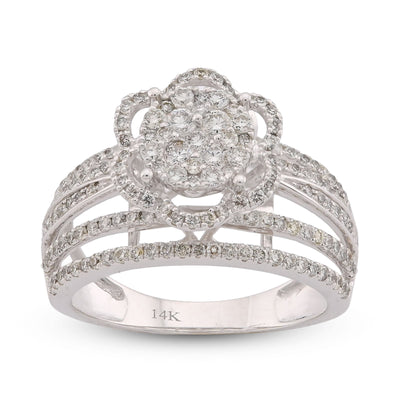 14K White Gold 0.99CT Flower Shape Multi Row Band Natural Diamond Women Ring - Elite Jewelers-Rings