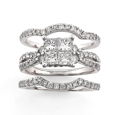 14K White Gold 1.50CT Natural Diamond Princess Cut/Round Square Shape Women 2 Band Wedding Ring - Elite Jewelers - Rings