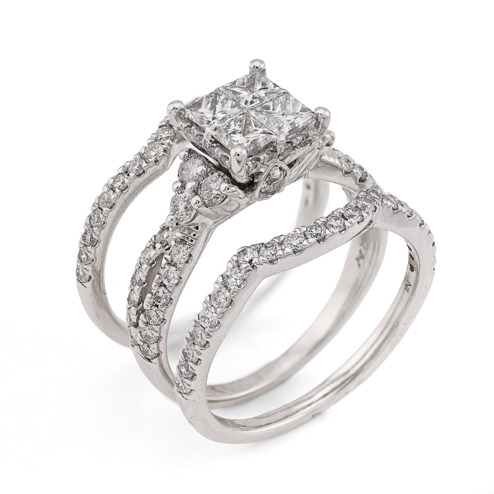 14K White Gold 1.50CT Natural Diamond Princess Cut/Round Square Shape Women 2 Band Wedding Ring - Elite Jewelers - Rings