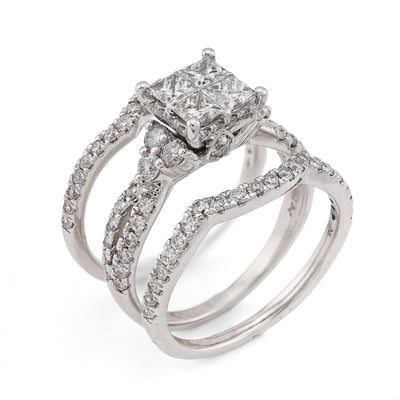14K White Gold 1.50CT Natural Diamond Princess Cut/Round Square Shape Women 2 Band Wedding Ring - Elite Jewelers - Rings