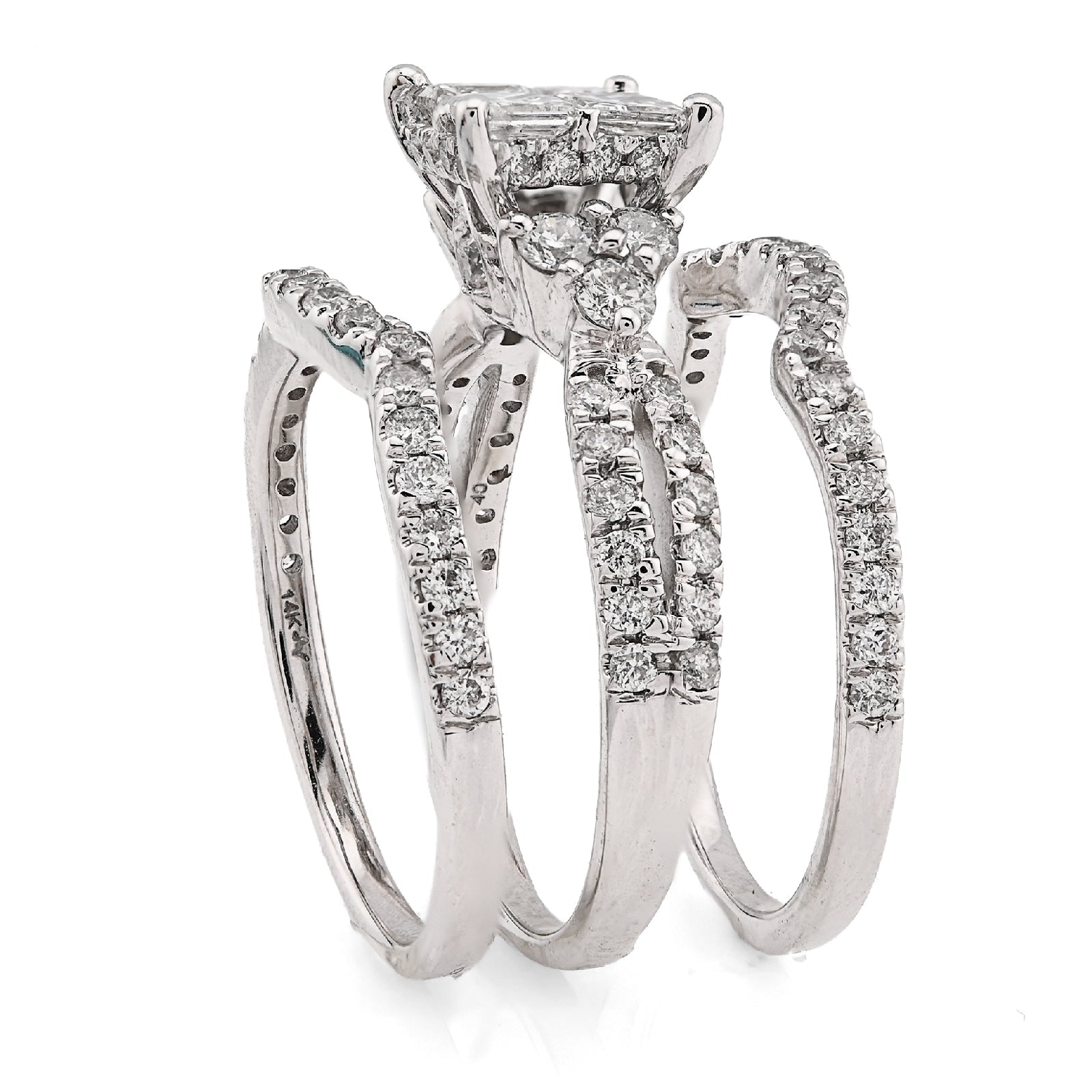 14K White Gold 1.50CT Natural Diamond Princess Cut/Round Square Shape Women 2 Band Wedding Ring - Elite Jewelers - Rings