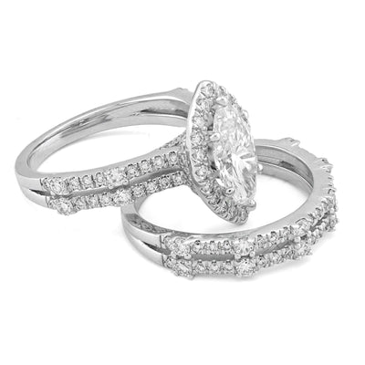 14K White Gold 1.5CT Centre Marquise Solitaire 2 Row Band 2.8TC Lab Diamond Women Ring with Band - Elite Jewelers - Rings