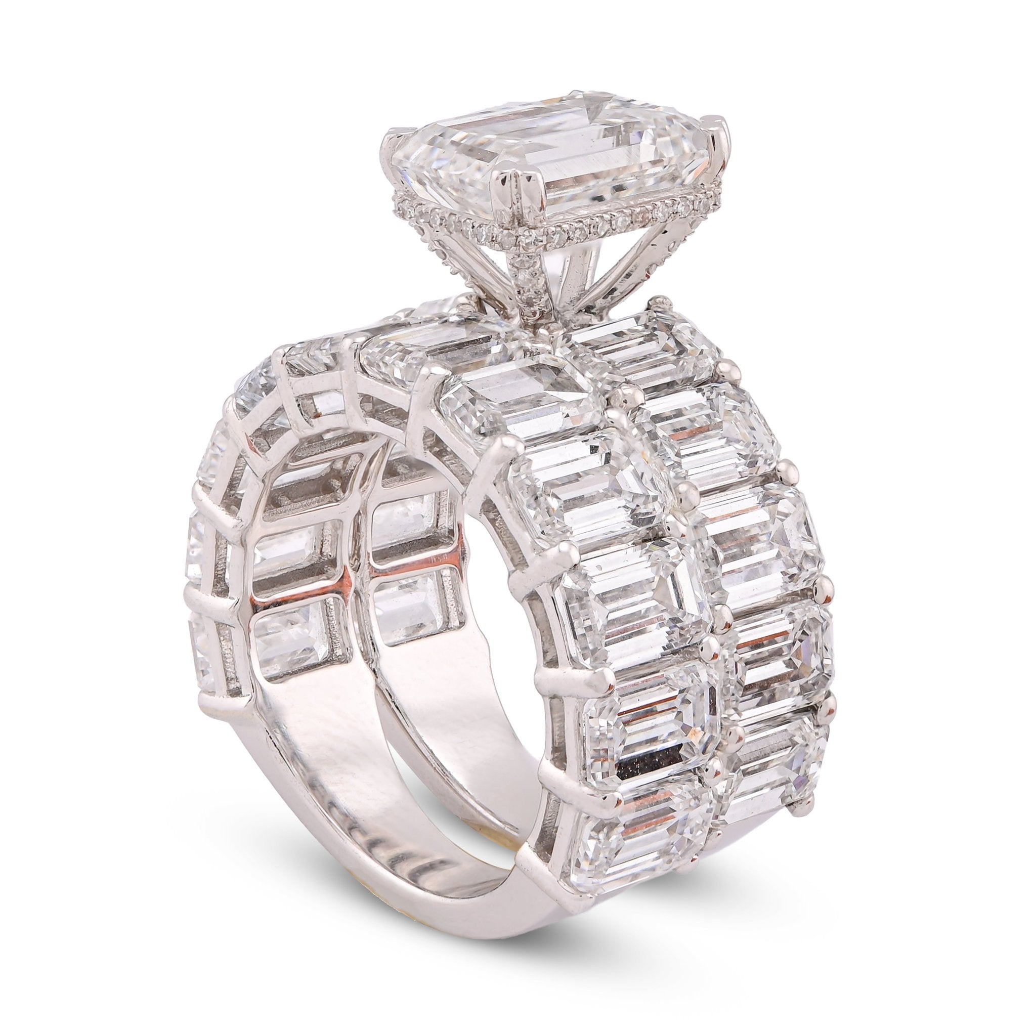 14K White Gold 16.95CT Emerald Solitaire Centre and Side Women Lab Diamond Ring with Band - Elite Jewelers-Rings