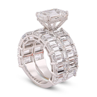 14K White Gold 16.95CT Emerald Solitaire Centre and Side Women Lab Diamond Ring with Band - Elite Jewelers-Rings