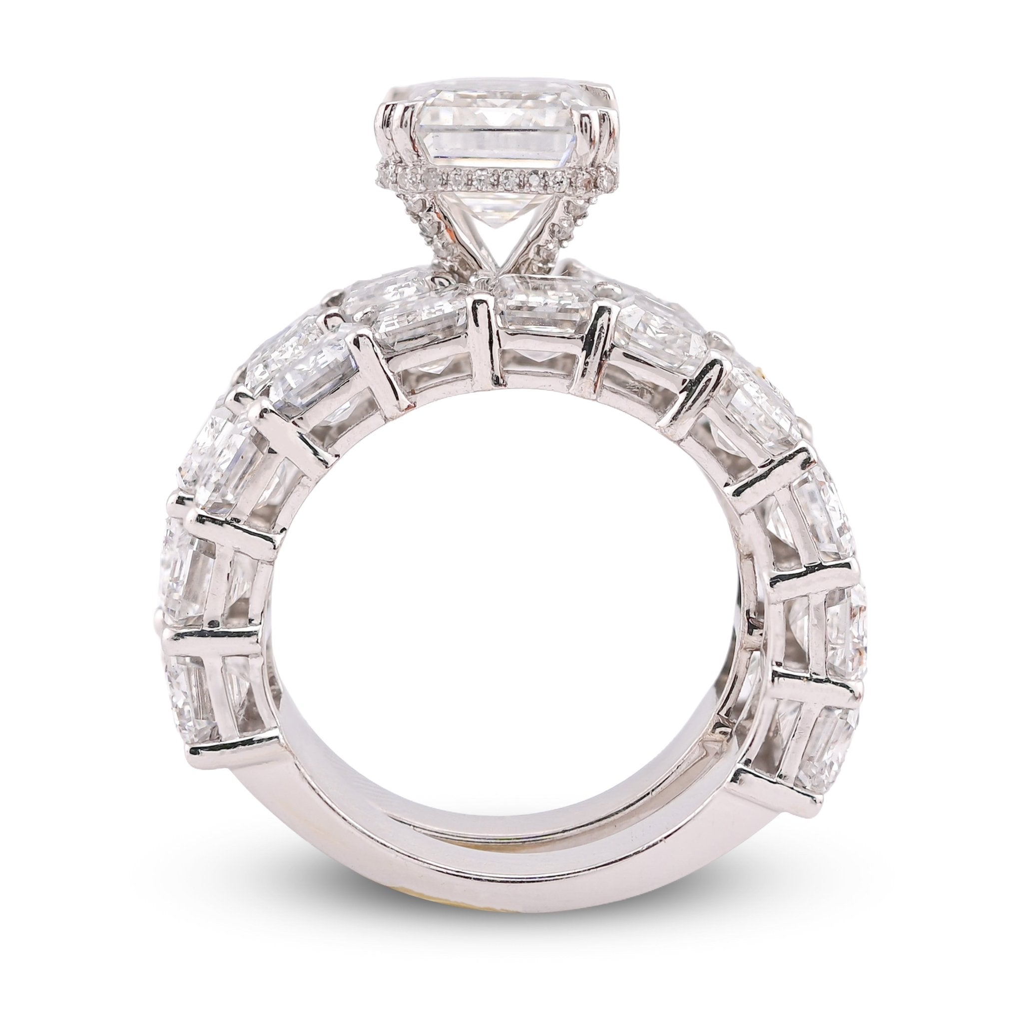14K White Gold 16.95CT Emerald Solitaire Centre and Side Women Lab Diamond Ring with Band - Elite Jewelers-Rings