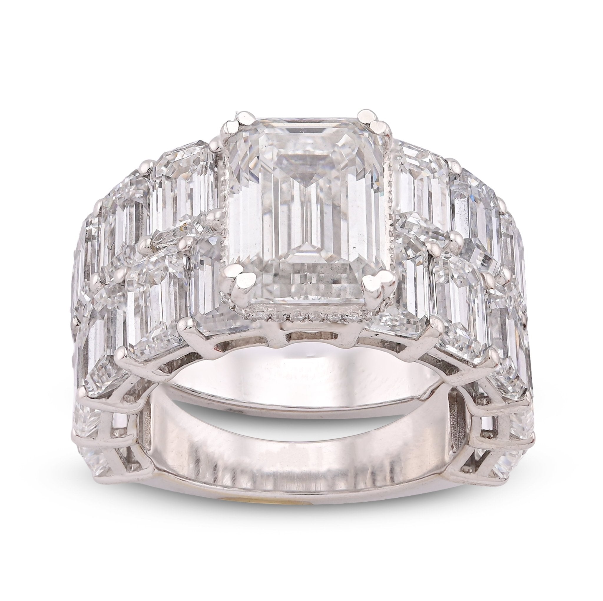 14K White Gold 16.95CT Emerald Solitaire Centre and Side Women Lab Diamond Ring with Band - Elite Jewelers-Rings